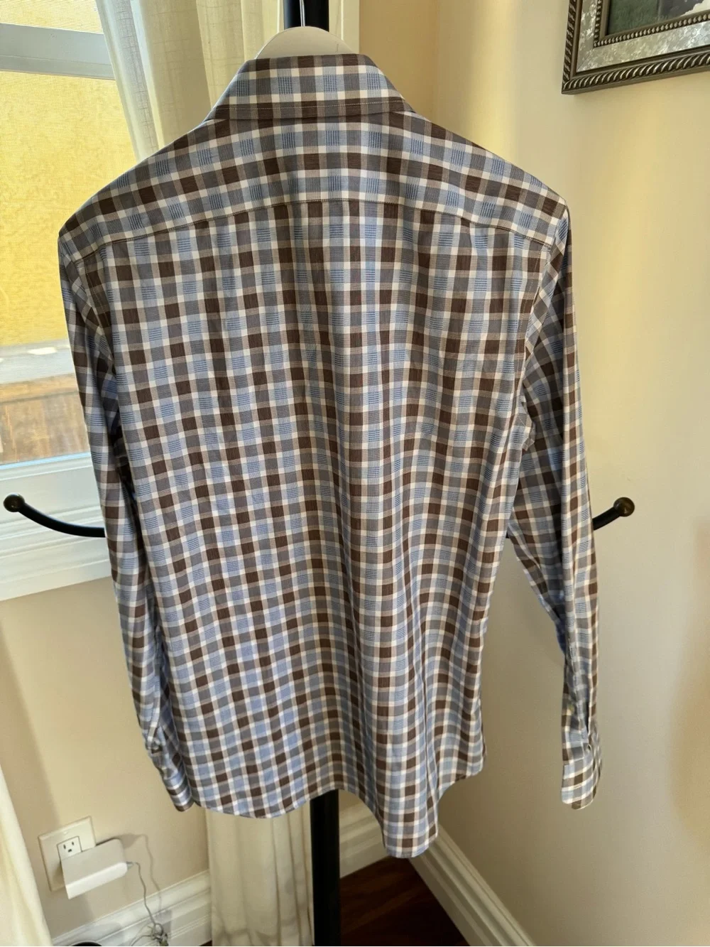 Banana Republic Men Modern Fit Brown Blue Plaid Dress Shirt Small Non Iron